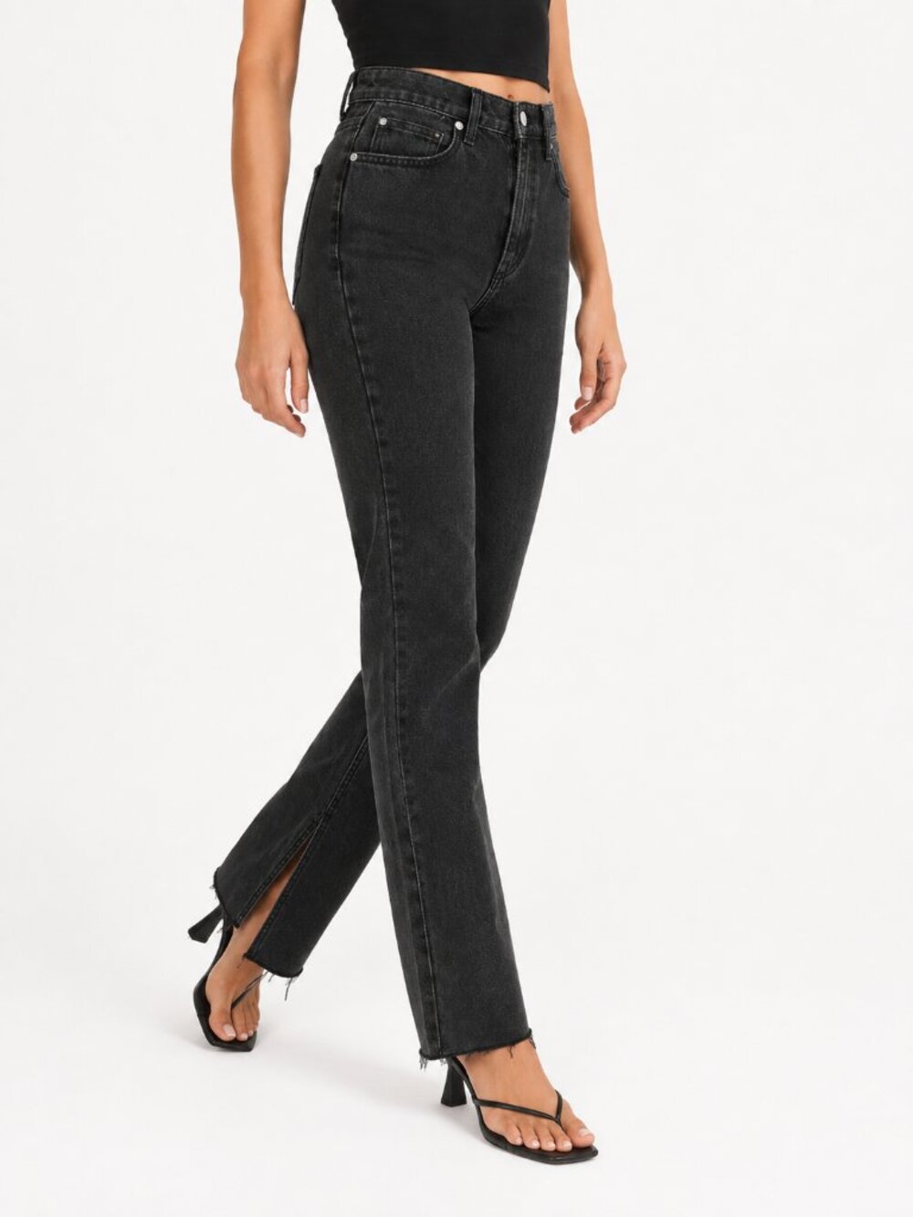 NWT MESHKI Lauren Straight Leg Jeans Washed Black Raw Hem Size 6